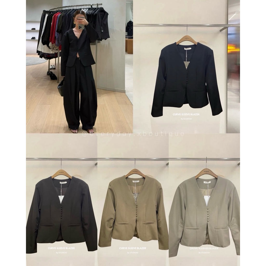 พร้อมส่ง🚩1063 STUDIOX2 CURVE SLEEVES BLAZER (size 01/02 790฿) เสิ้อเบเซอร์ซองโอเวอร์ไซด์คอวี แขนโค้ง detail กระดุมเรียง