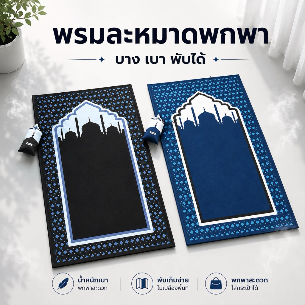 พรมละหมาดพกพา 65x105 ซม. รุ่นบาง เบา พับได้ พกติดตัว ละหมาดได้ทุกที่ทันที ดีไซน์มินิมอล เรียบหรู สะดวกสบาย ใช้งานง่าย
