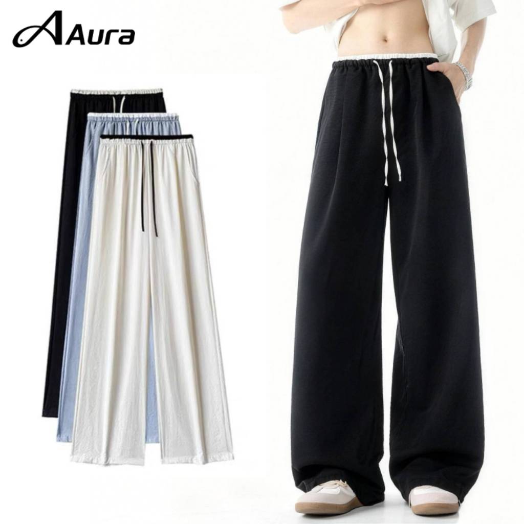 Aura กางเกงขายาว ผู้หญิงผู้ชายใส่ได้ เนื้อผ้าบางเบาระบายอากาศดี ทรงพลิ้ว เอวยางยืด กันแดด ใส่สบาย เหมาะหน้าร้อน