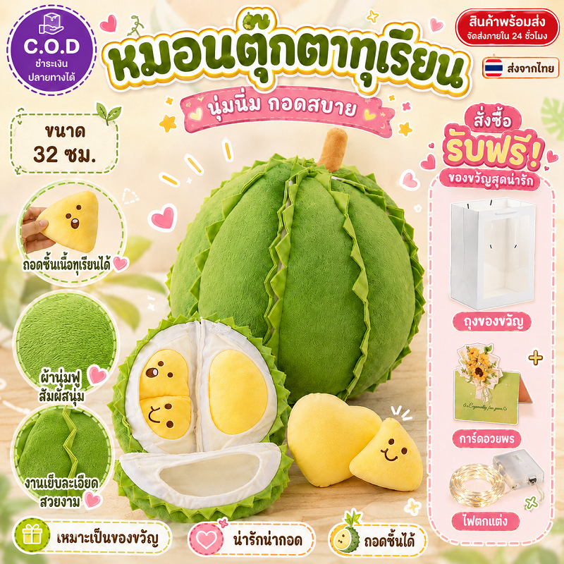 หมอน รุ่นใหม่ ตุ๊กตาทุเรียน ของขวัญวันเกิด หมอนตุ๊กตาหมีทุเรียน เนื้อทุกเรียนเต็มลูก ทำจากผ้าพัลัณคุณภาพสูง
