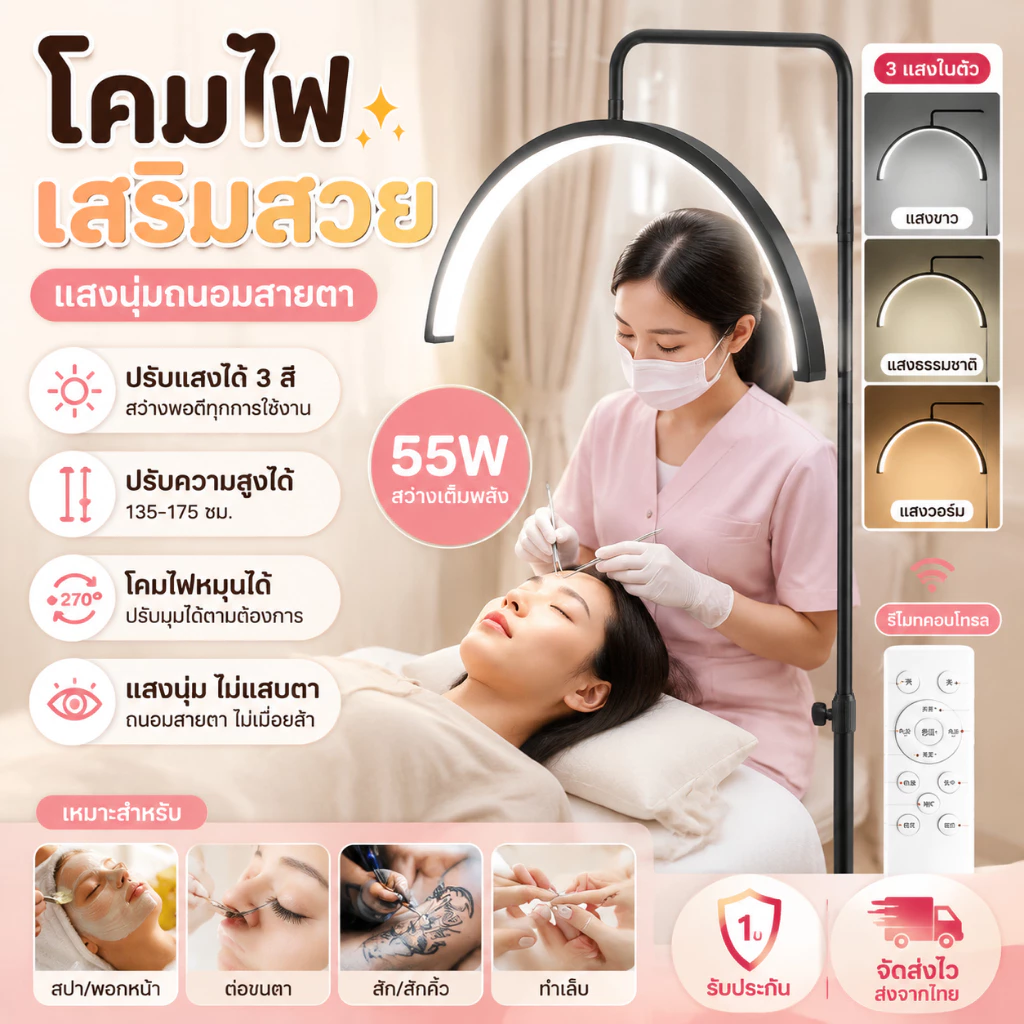 【หมุนได้ 360 องศา】โคมไฟ LED ต่อขนตา 55วัตต์ เหมาะสำหรับทำเล็บ ต่อขนตา เสริมความงาม และสักคิ้ว โคมไฟต่อขนตา