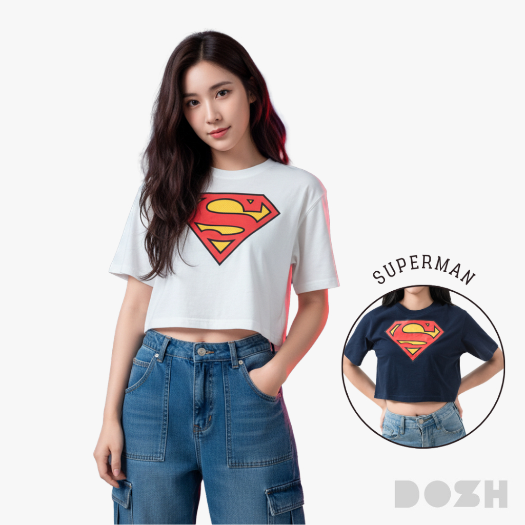 DOSH WOMEN'S CROPPED T-SHIRTS SUPERMAN เสื้อยืดทรงครอปผู้หญิง 2สี (ขาว-กรม) DSWT1046 (XS/S-M/L)