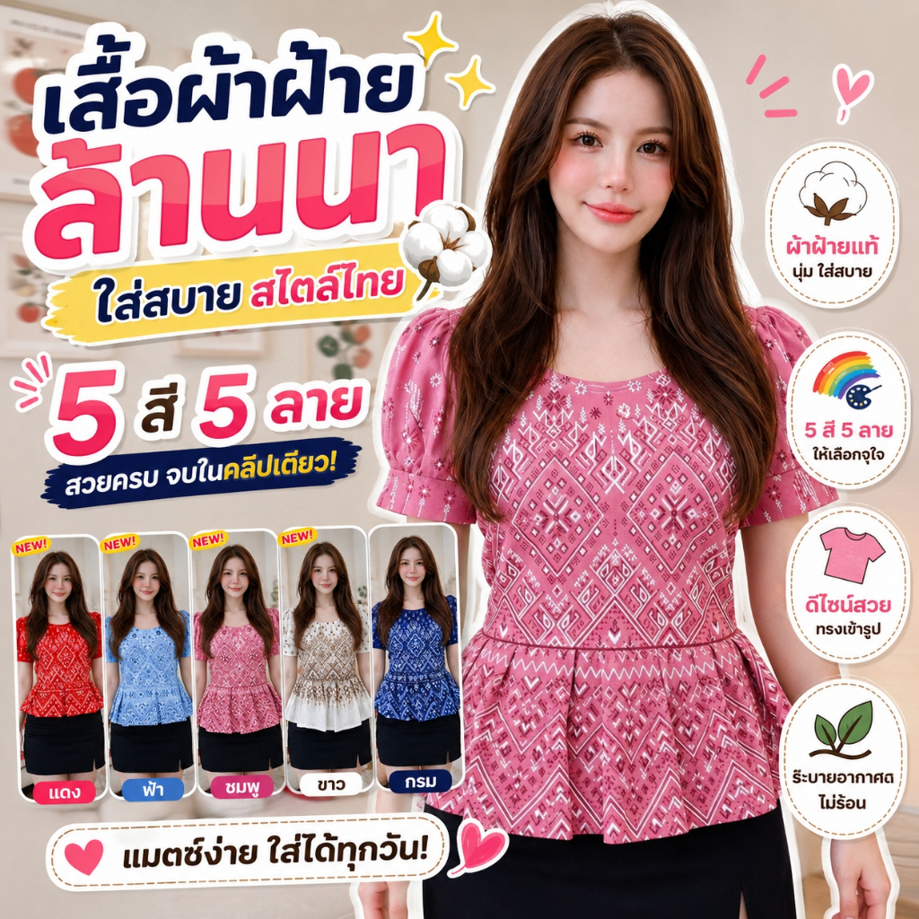 เสื้อผ้าฝ้าย - คอกลมจีบทวิส