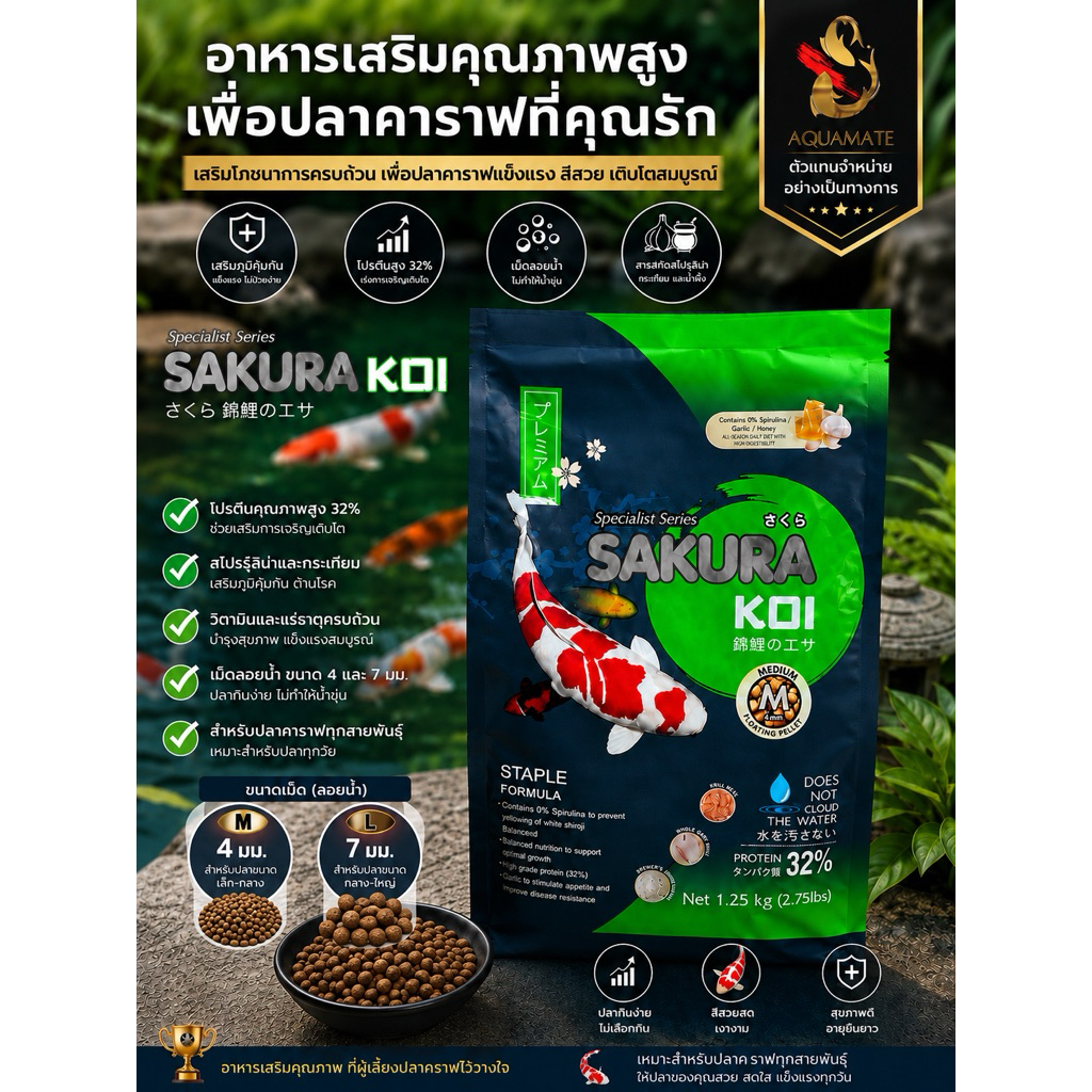 อาหารปลาคาร์ฟ Sakura Koi 1.25 กก. เร่งโตและเร่งสีในสูตรเดียว