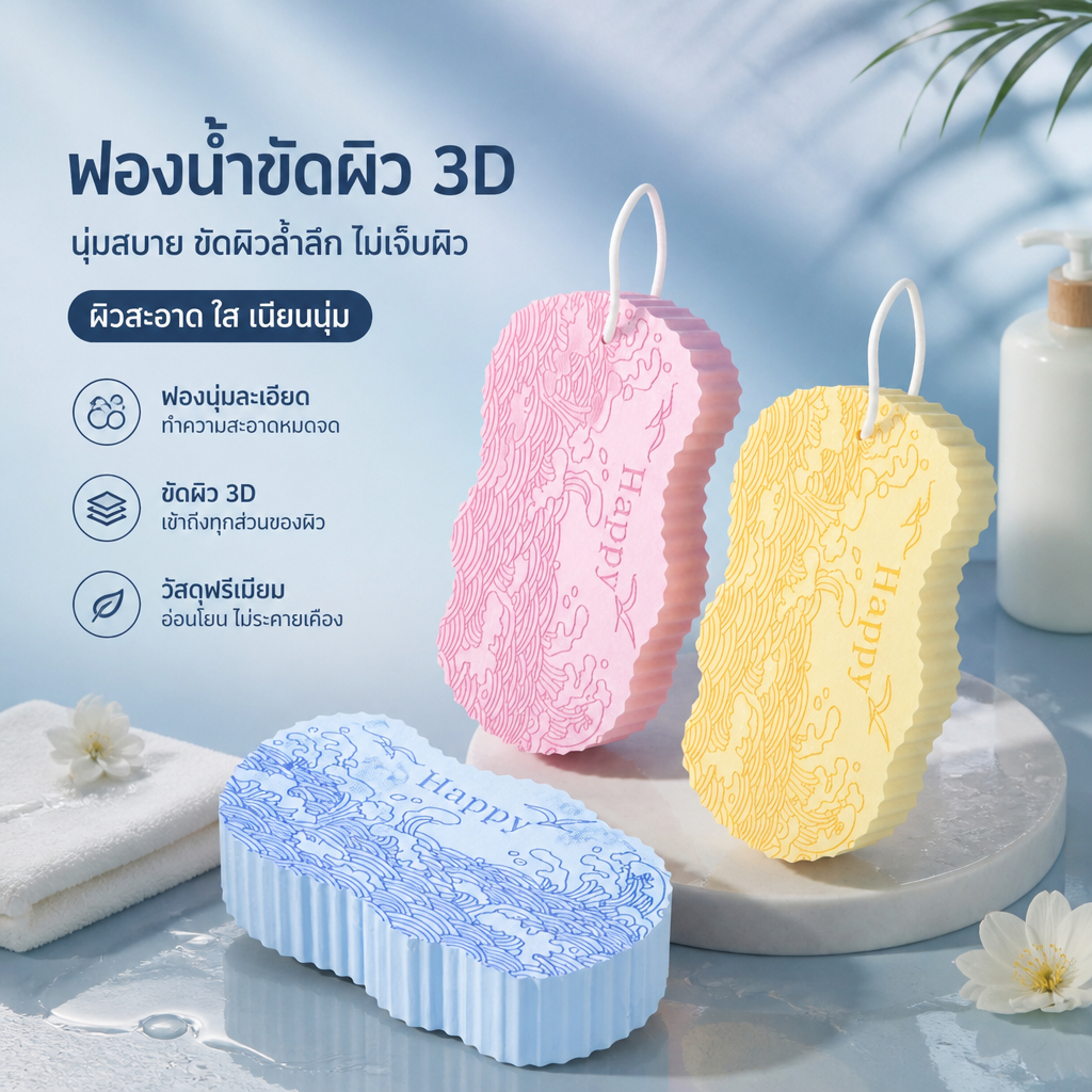 ฟองน้ำขัดตัว ฟองน้ำอาบน้ำ ขึ้นฟองเยอะ ล้างออกง่าย ฟองน้ำขัดเซลล์ผิว ไม่ระคายเคืองผิว พกพาสะดวก ใช้ขณะอาบน้ำ