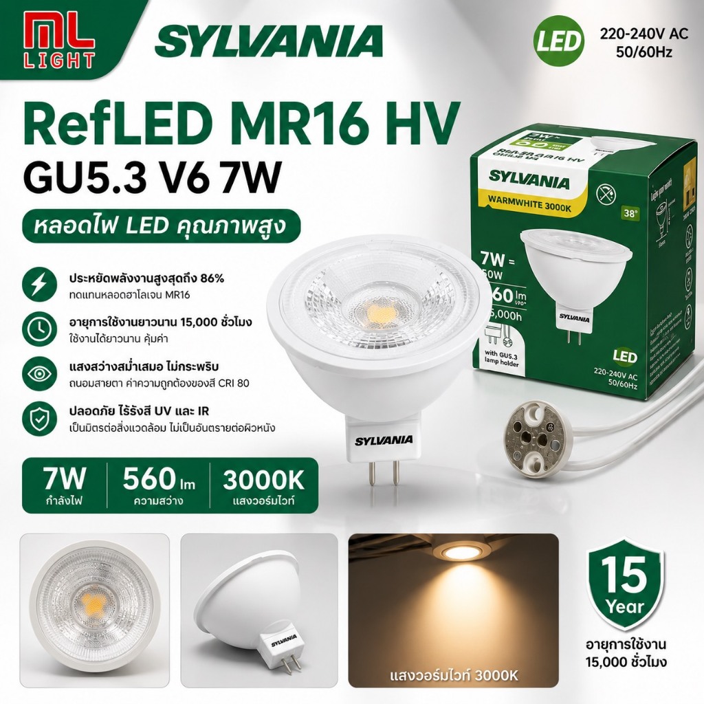 SYLVANIA RefLED MR16 220V HV 7W GU5.3 หลอดไฟ LED ดาวน์ไลท์ 3000K แสงวอร์มไวท์ ราคาพิเศษ