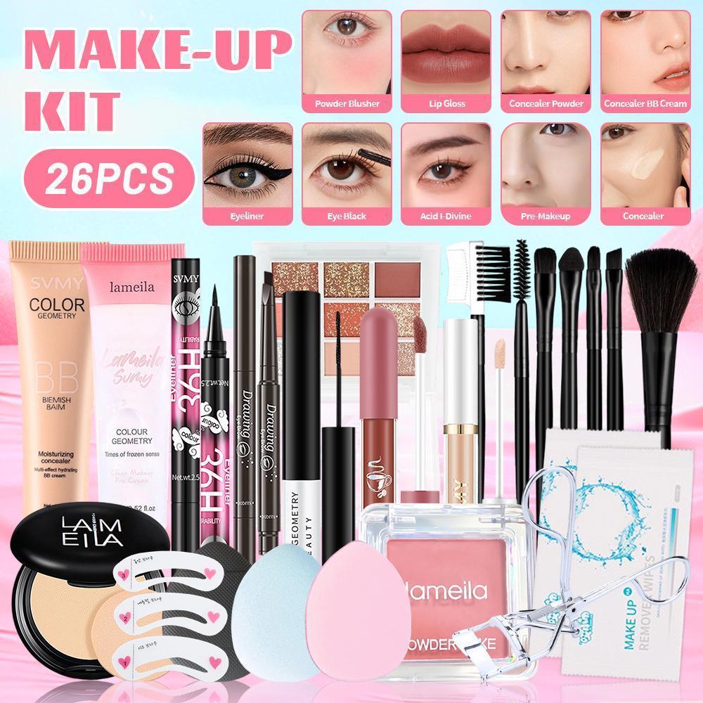 5-26pcs เซ็ตเครื่องสำอางครบชุด BB ครีม+ไพรเมอร์+อายไลเนอร์+มาสคาร่า+ดินสอเขียนคิ้ว+ลิปกลอส+คอนซีลเลอ