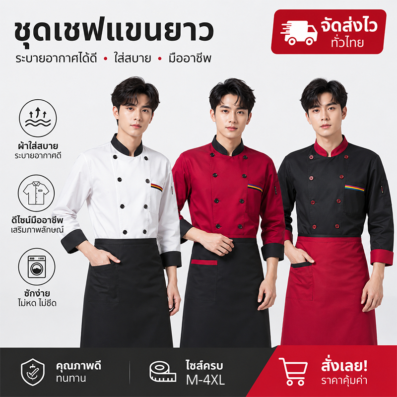 2 ชิ้น เสื้อเชฟแขนยาว + ผ้ากันเปื้อน ชุดเชฟทำอาหาร เนื้อผ้า Cotton สำหรับร้านอาหาร ครัว โรงแรม ยูนิเซ็กซ์