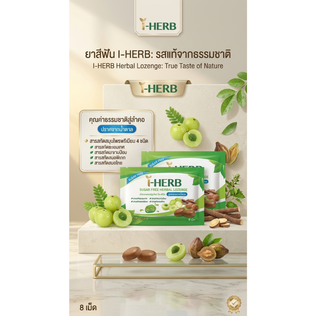 I-HERB (ไอ-เฮิร์บ) เม็ดอมสมุนไพร สูตรไม่มีน้ำตาล Sugar Free ชุ่มคอ สารสกัดชะเอมเทศ มะขามป้อม