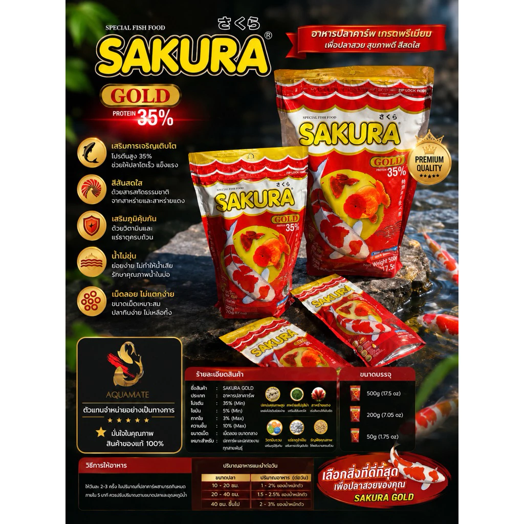 อาหารปลา SAKURA GOLD สำหรับปลาสวยงาม 50g-500g