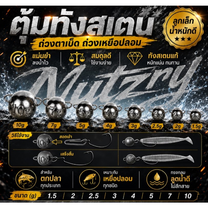 ทังสเตน ถ่วงเหยื่อ ถ่วงตะขอเบ็ด เบ็ดเท็กซัส ใช้เพิ่มน้ำหนักเหยื่อ