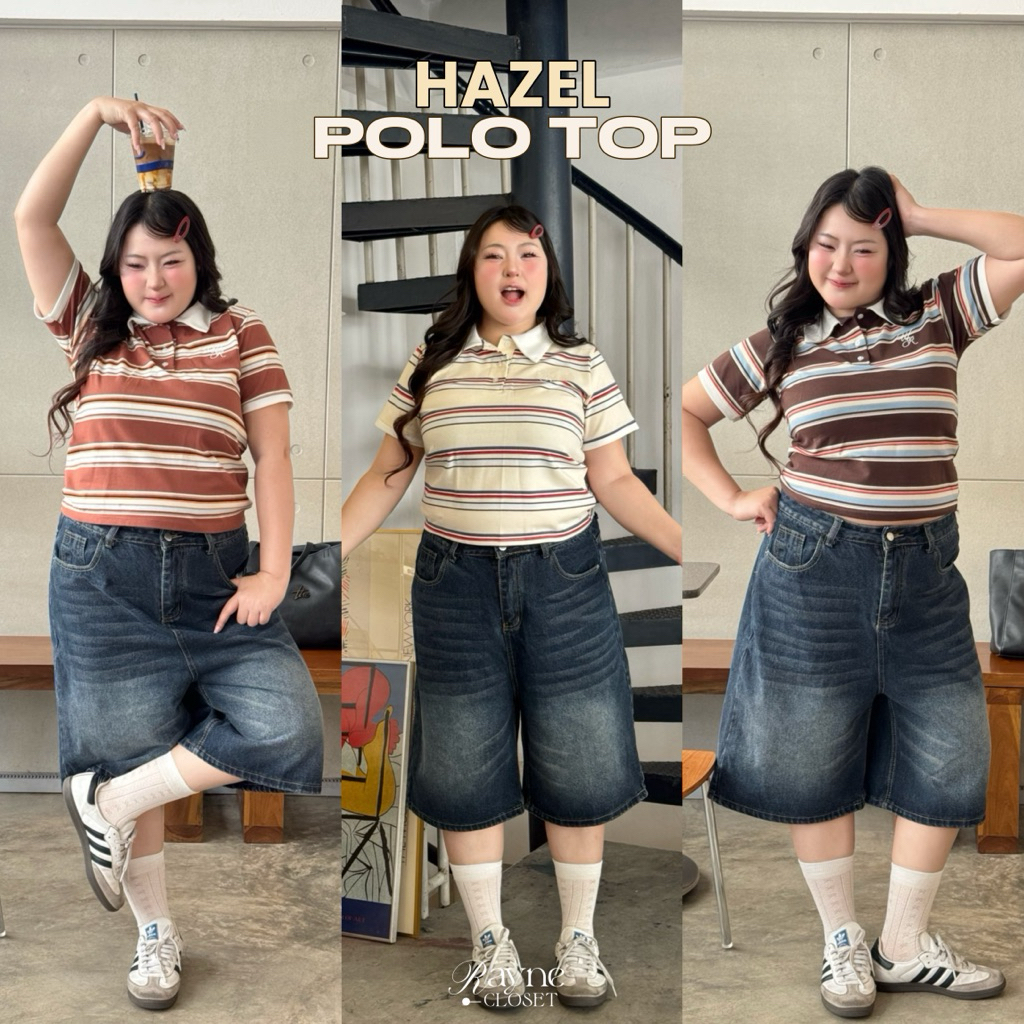 Hazel Polo Top - เสื้อครอปโปโลลายริ้ว คอปกขาว (Plus-size) | Rayne.closet