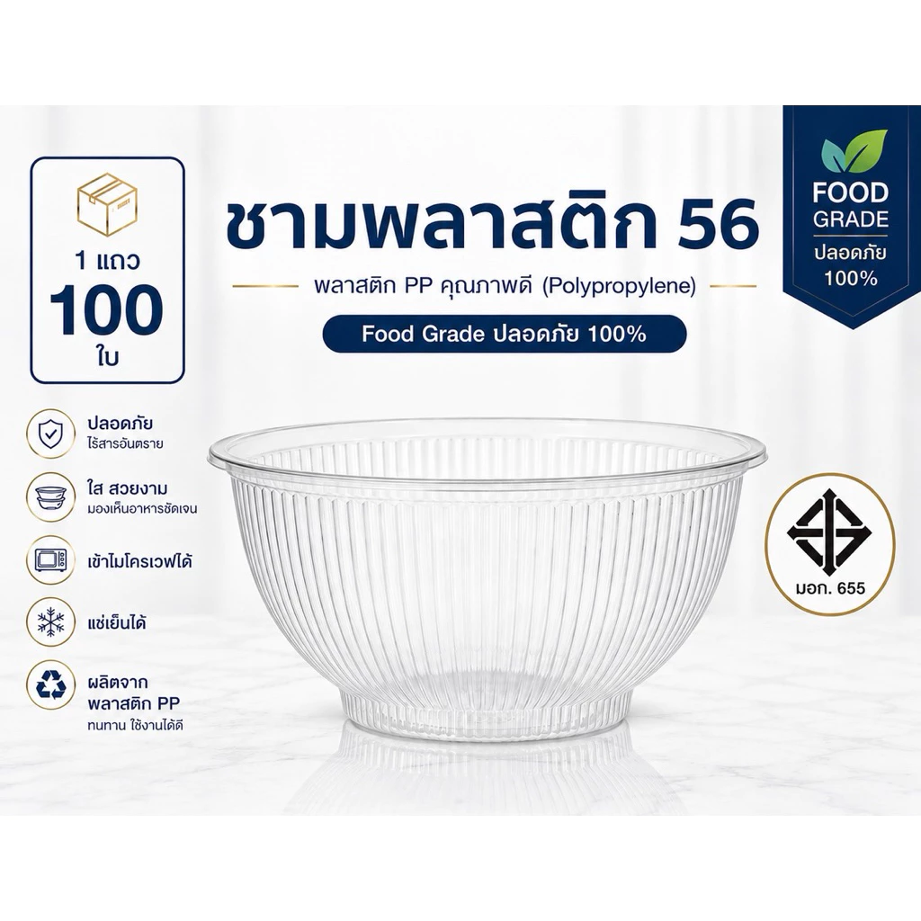 ชามพลาสติก 56 จำนวน1เเถว 100ใบ ใช้กับฝา116ได้ ถ้วยใส่ของหวานน้ำแข็งใส