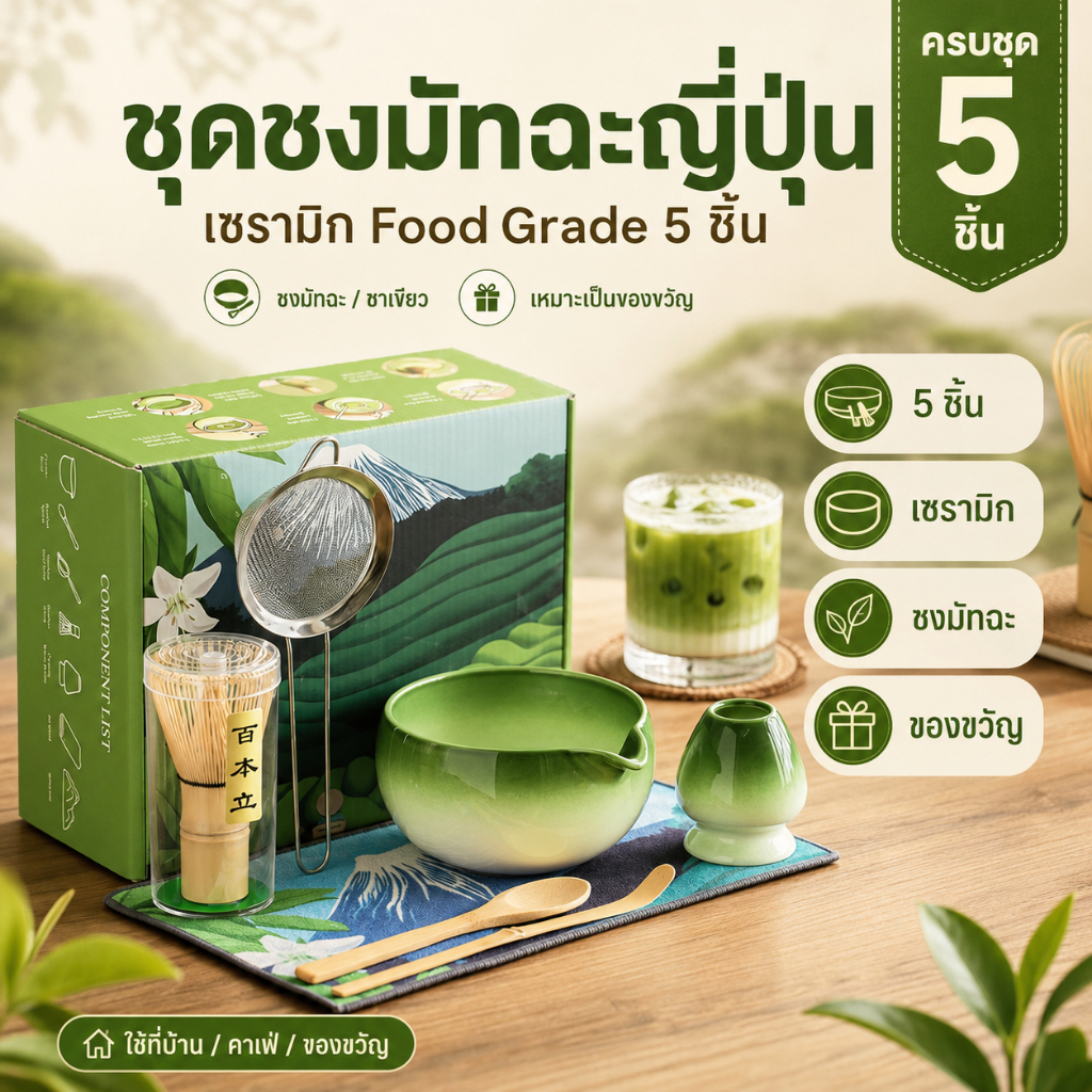 🍵ชุดชงมัทฉะญี่ปุ่น เซรามิก Food Grade 5 ชิ้น ถ้วยมัทฉะ แปรงชงชา อุปกรณ์ชงชา ของขวัญพรีเมียม