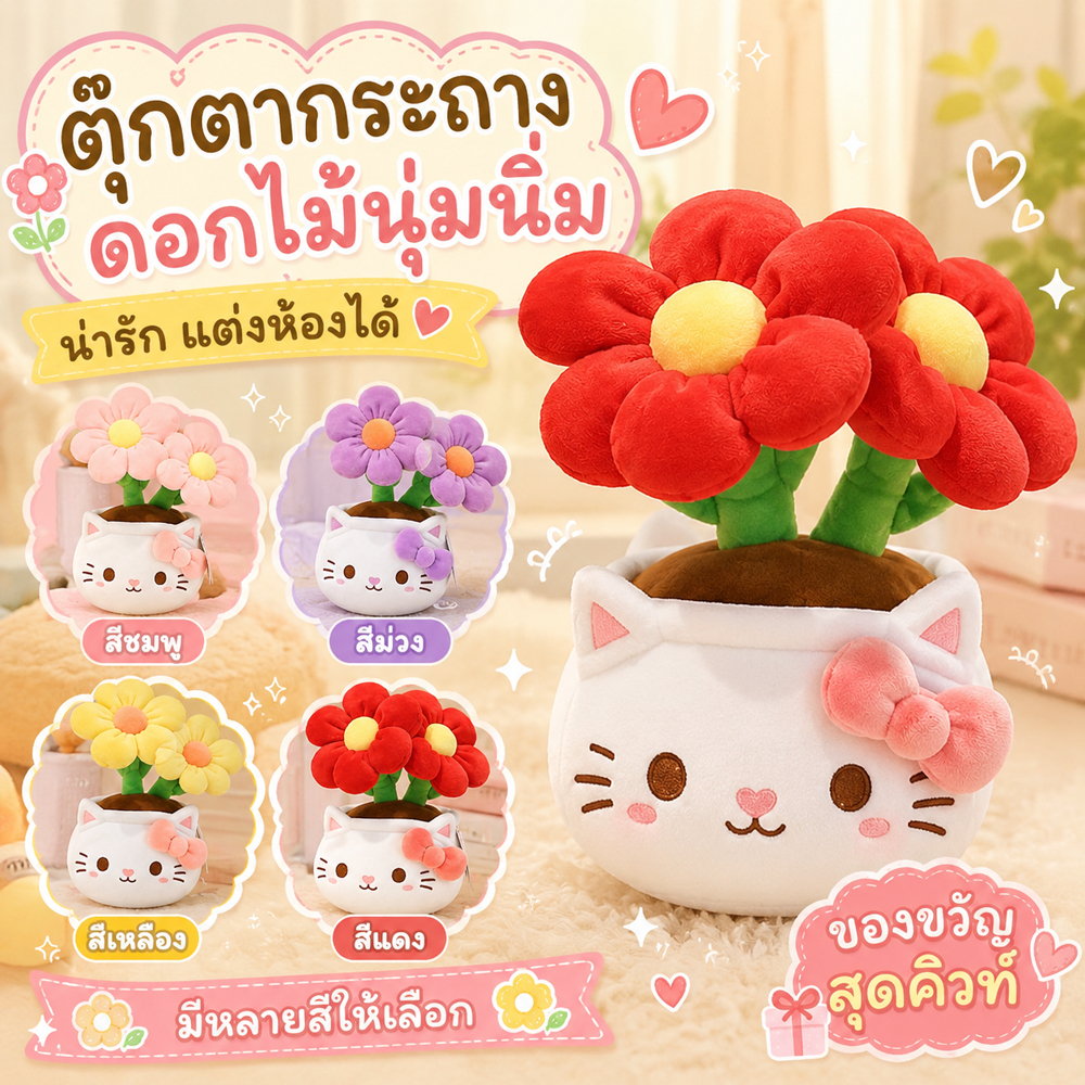 พร้อมส่ง ตุ๊กตาแมวกระถางต้นไม้น่ารัก ผ้าพลัชนุ่มฟู ดีไซน์มงคล ตกแต่งโต๊ะ ของขวัญสุดคิวท์