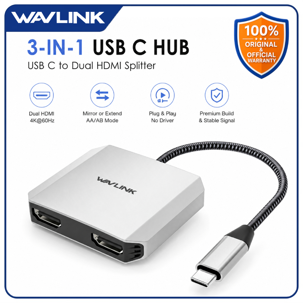 WAVLINK USB C to Dual HDMI Adapter 4K 60Hz HDMI 2 ช่อง Type C Hub 100W PD สำหรับ MacBook Laptop