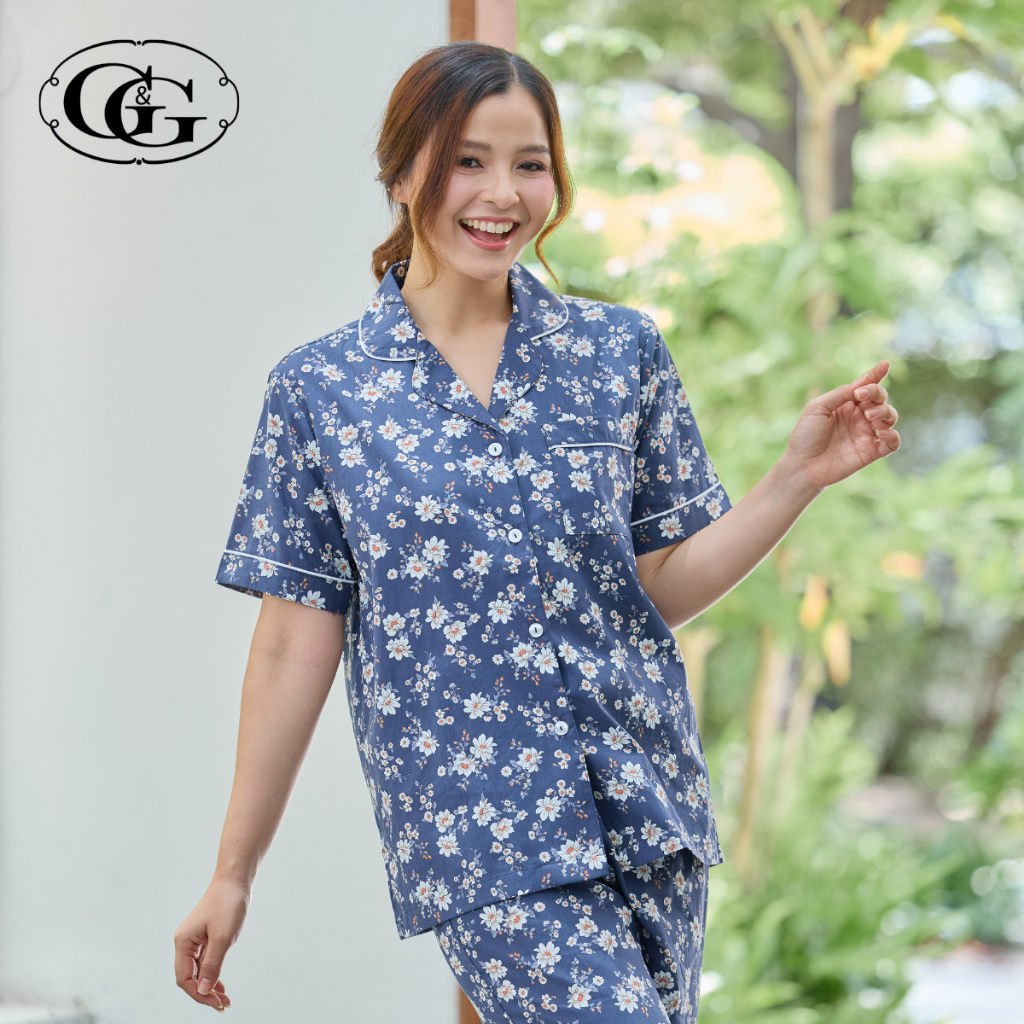 G&G ชุดนอน เสื้อแขนสั้นคอปก กางเกงขายาว ผ้าเรย่อน Bunny Dream Collection EN4R004