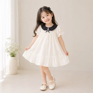 Hania kids พร้อมส่ง - เดรสเด็กผู้หญิงสีขาว คอปกดำ แขนพอง สไตล์คุณหนู น่ารัก ใส่ออกงาน - K5125720