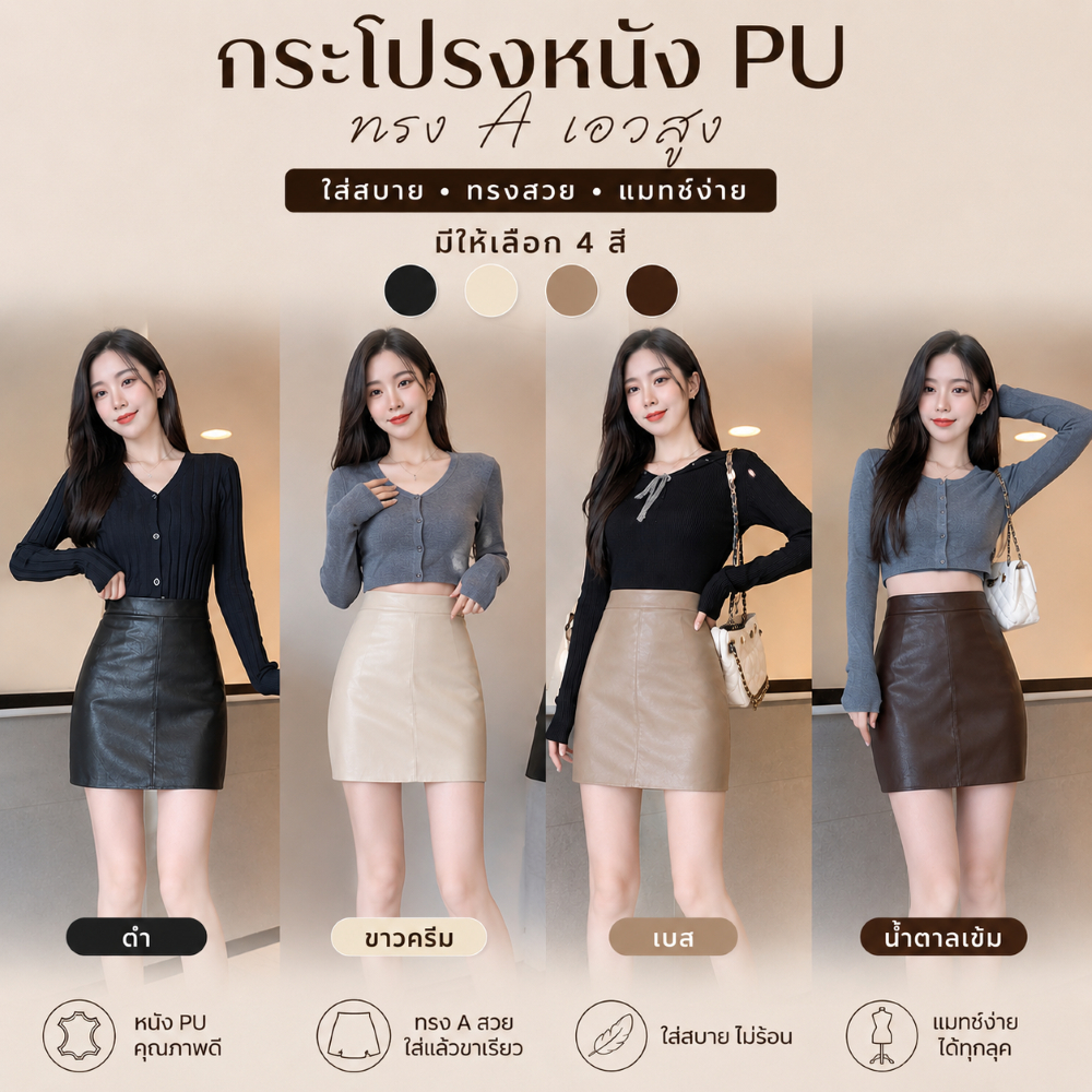 กระโปงหนัง PU ทรง A เอวสูง มีชับใน 2024 มี 4 สี -Korea Desige-