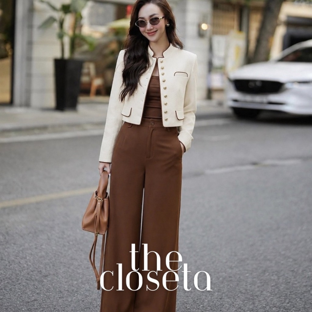 THE CLOSETA : LV336 ชุดเซ็ท3ชิ้น เสื้อคลุมสีครีมตัดขอบน้ำตาล พร้อมเสื้อกล้าม และกางเกงขายาวครบเซ็ท