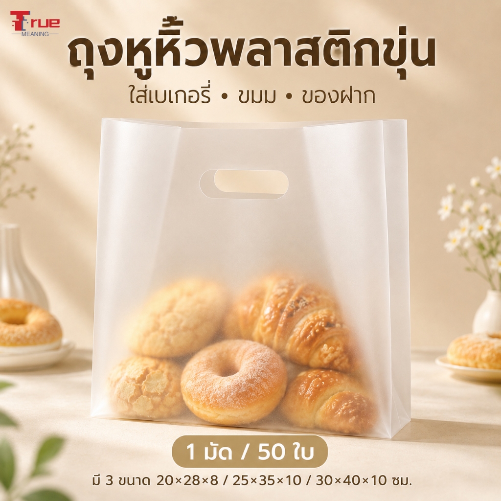 ถุงหูหิ้วพลาสติกขุ่น ถุงใส่เบเกอรี่ ถุงใส่ขนม ของฝาก 1 มัด 50 ใบ