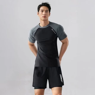 ชุดว่ายน้ำชาย 2ชิ้น เสื้อแขนสั้นกันยูวี กางเกงขาสั้น 2ชั้น มีซับในกันโป๊ แห้งไว สำหรับดำน้ำโต้คลื่น