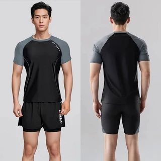 ชุดว่ายน้ำชาย 2ชิ้น เสื้อแขนสั้นกันยูวี กางเกงขาสั้น 2ชั้น มีซับในกันโป๊ แห้งไว สำหรับดำน้ำโต้คลื่น