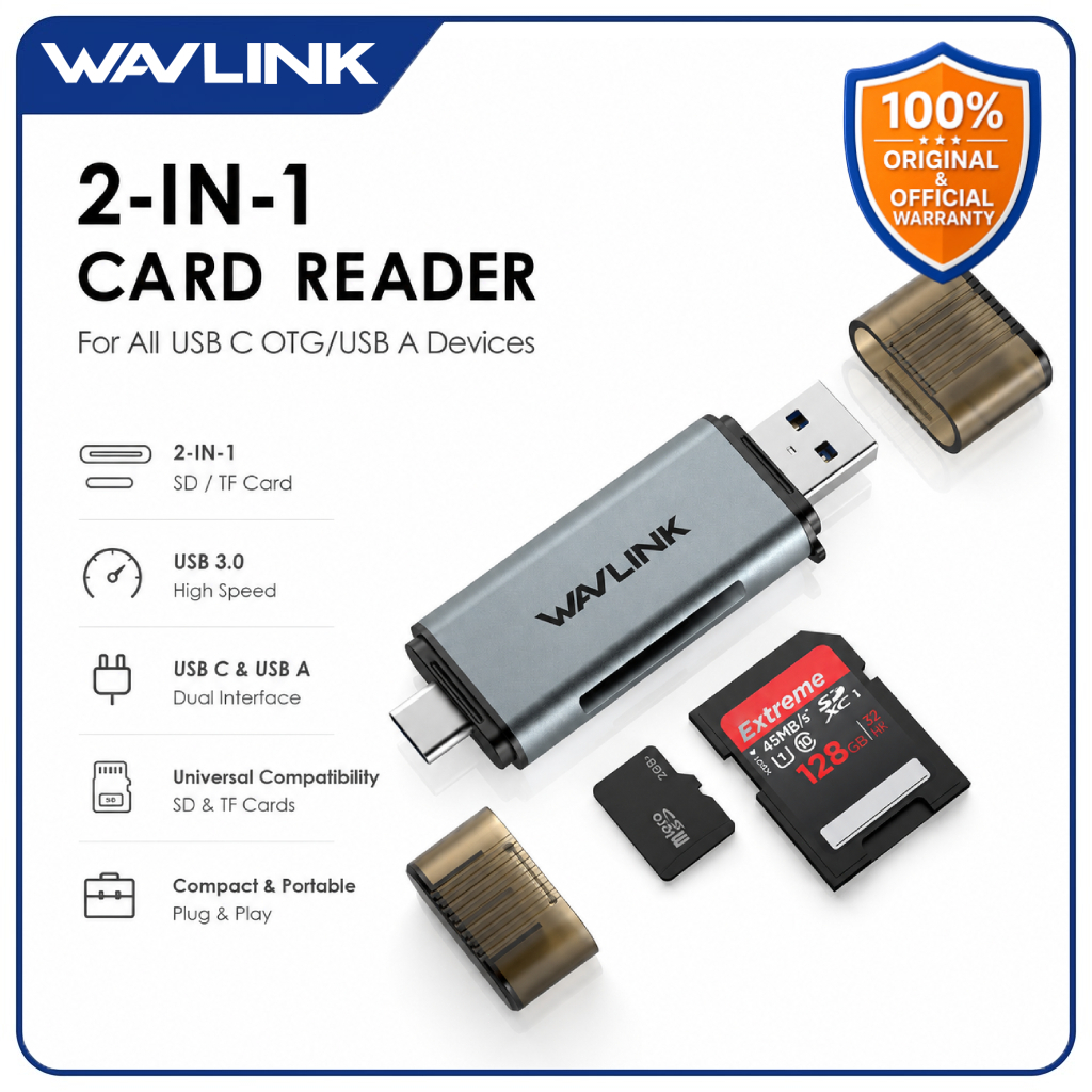 WAVLINK SD Card Reader 2 in 1 USB 3.0 + USB C อ่าน SD/TF พร้อมกัน 104MB/s รองรับ 2TB ใช้กับมือถือ OTG