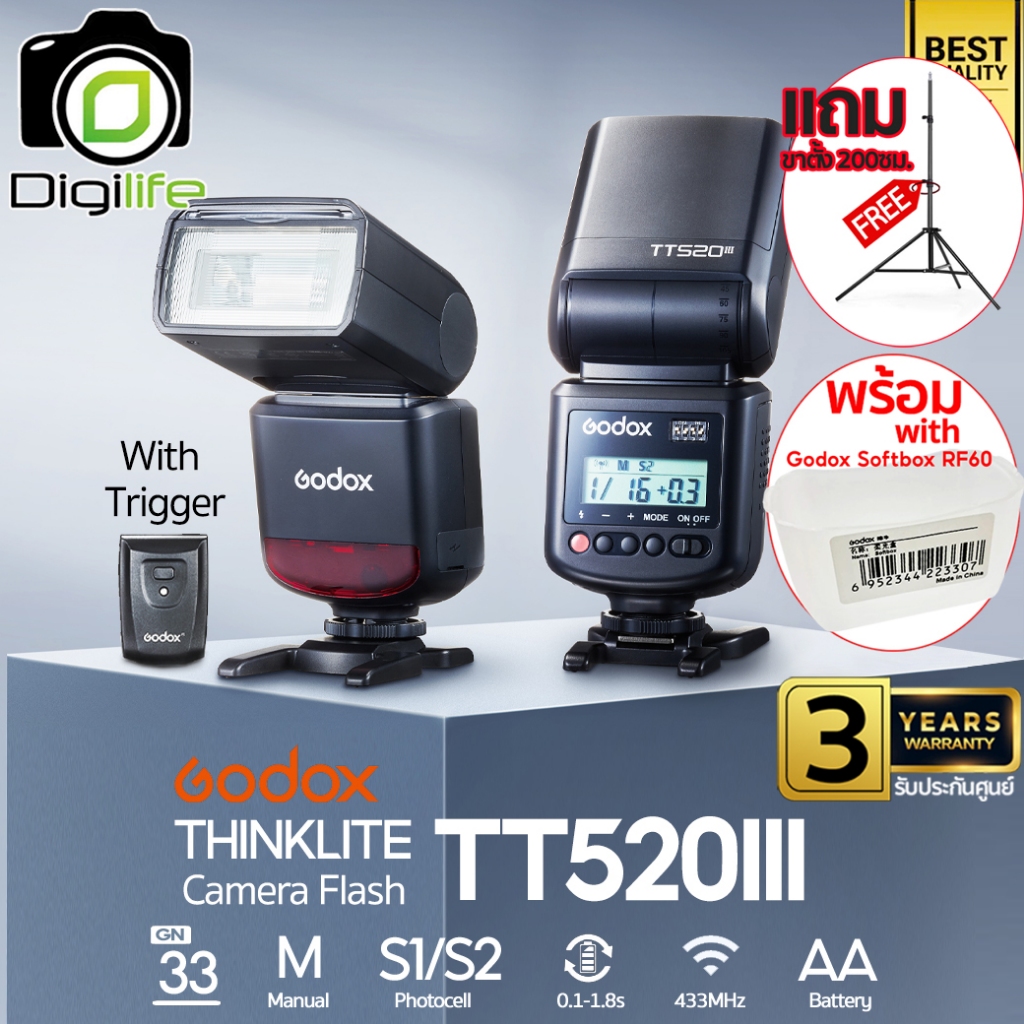 Godox Flash TT520III พร้อม Trigger, แมนนวล ( ใส่เฉพาะรุ่นที่มีจุดเชื่อมต่อตรงกลาง Hot Shoe ) & S2, SA-K6, RF60