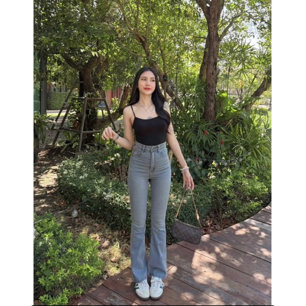 F9 Jeans (S-2XL) กางเกงขาม้า สีชานม ผ้ายีนส์ยืดเอวสูงพิเศษเหนือสะดือ 2 นิ้ว ผ้านิ่มยืดได้เยอะ ใส่สบายไม่อึดอัดทรงสวยมาก