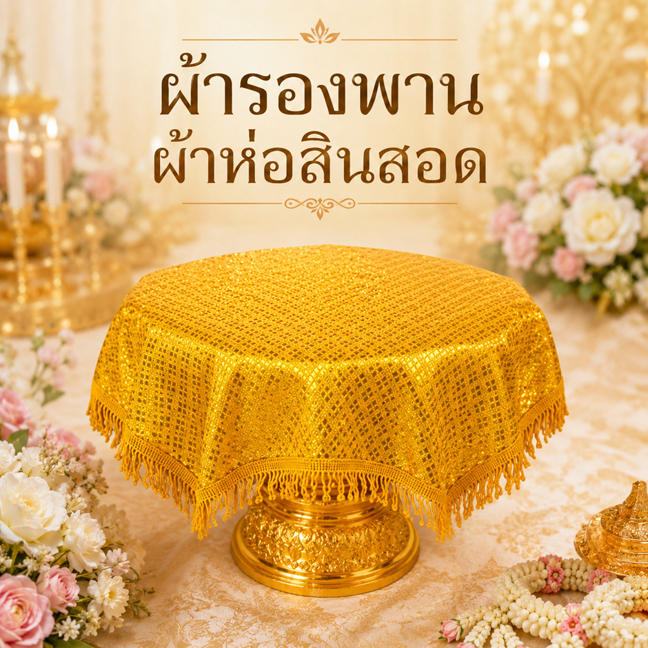 ผ้ารองพาน ห่อสินสอด ห่อของรับไหว้ ผ้าลายไทยสีทอง ขนาด 55 x55 ซม.