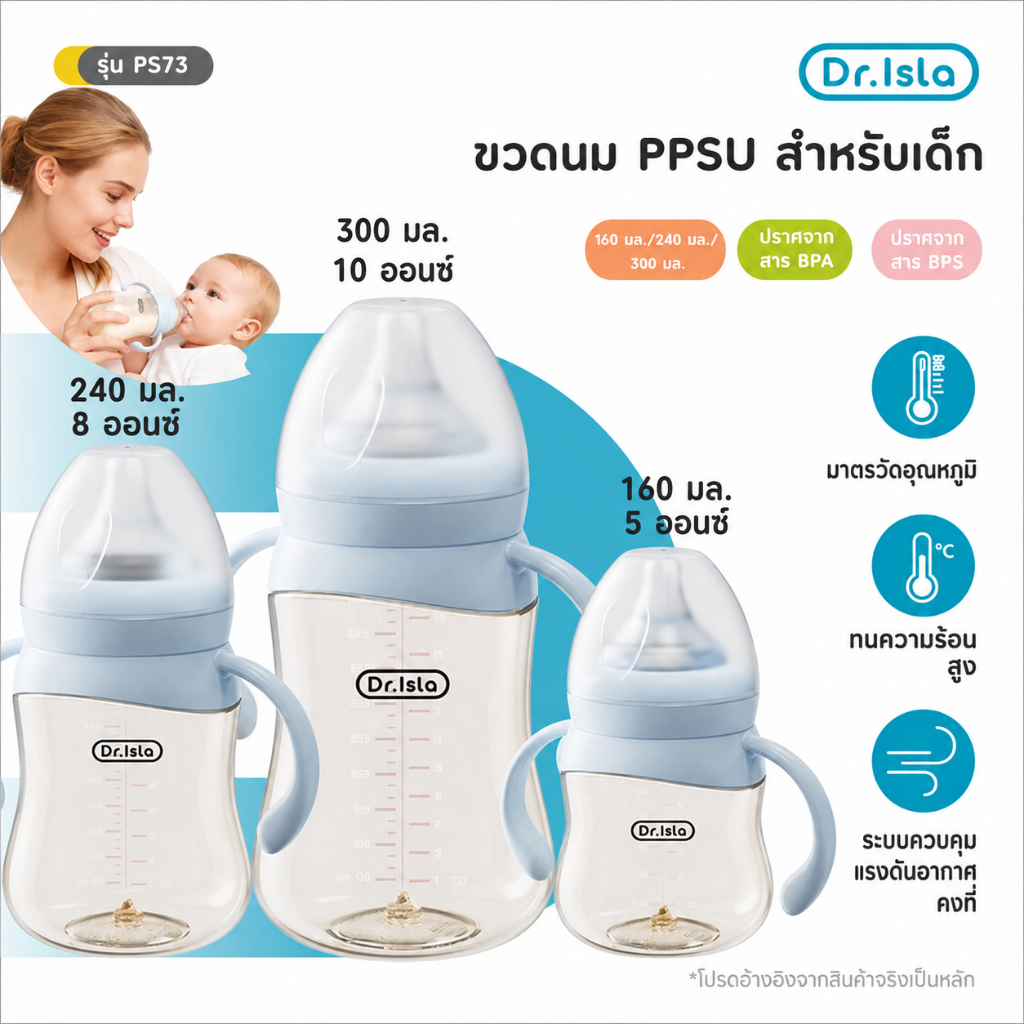 Dr.Isla ขวดนม PPSU กันลม 3ขนาด เปลี่ยนสีตามอุณหภูมิ ปากกว้าง 50mm จับถนัด ไร้BPA PS73