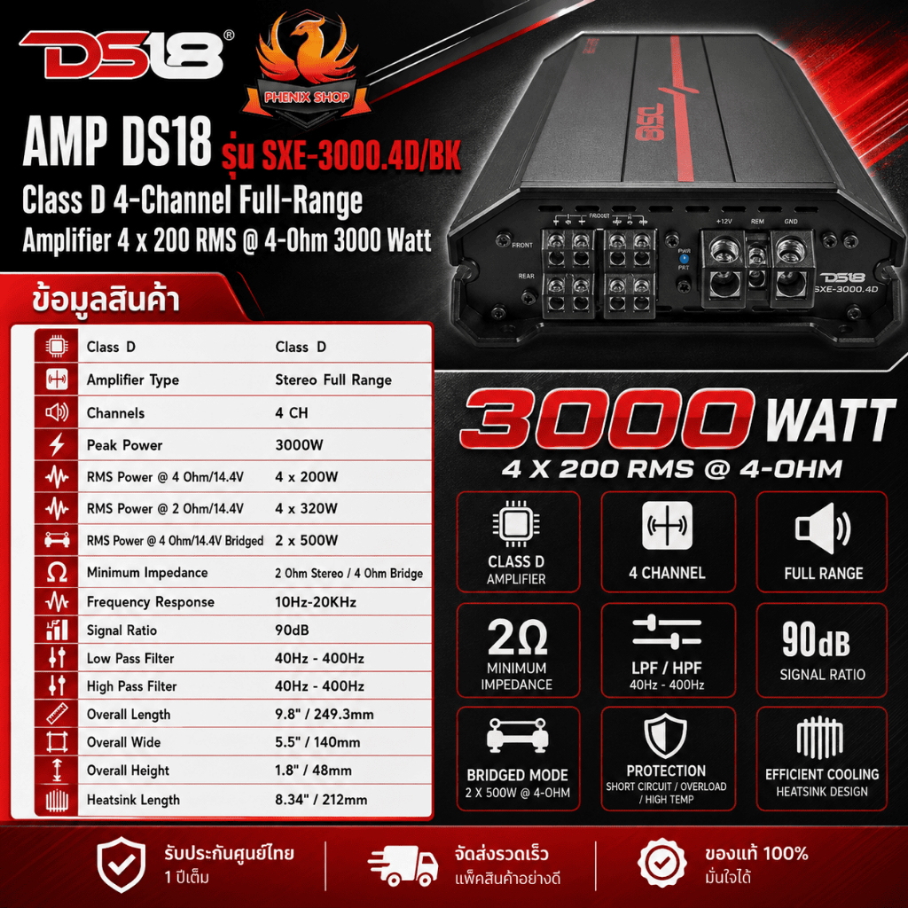🔥ของแท้🔥POWER AMP DS18 รุ่น SXE-3000.4D/BK  Class D 4-Channel Full-Range  Amplifier 4 x 200 RMS
