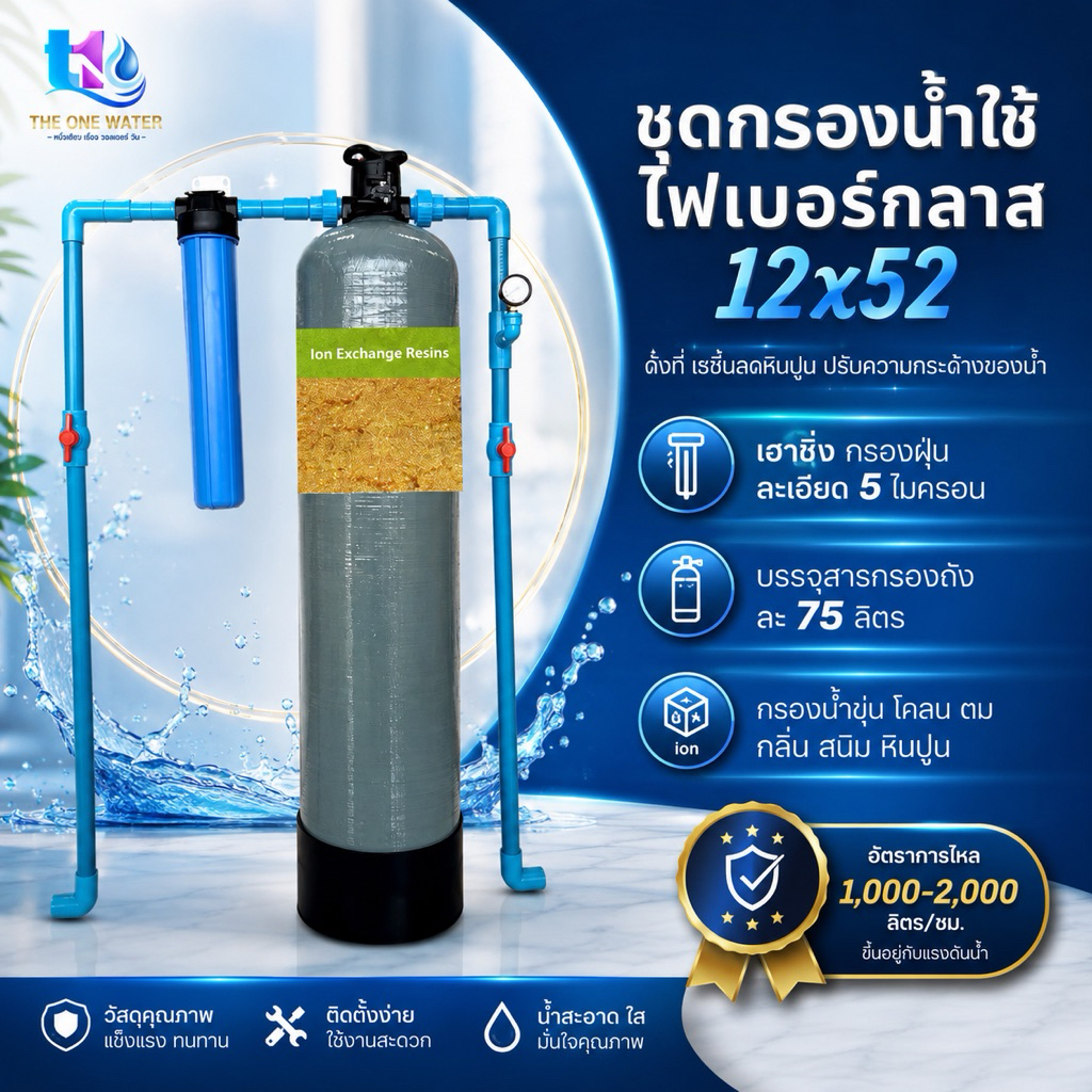 กรองน้ำใช้ถังกรองไฟเบอร์ 12x52 พร้อมสารกรองเรซิ่นพร้อมเฮาซิ่งกรองฝุ่นขนาด20นิ้ว