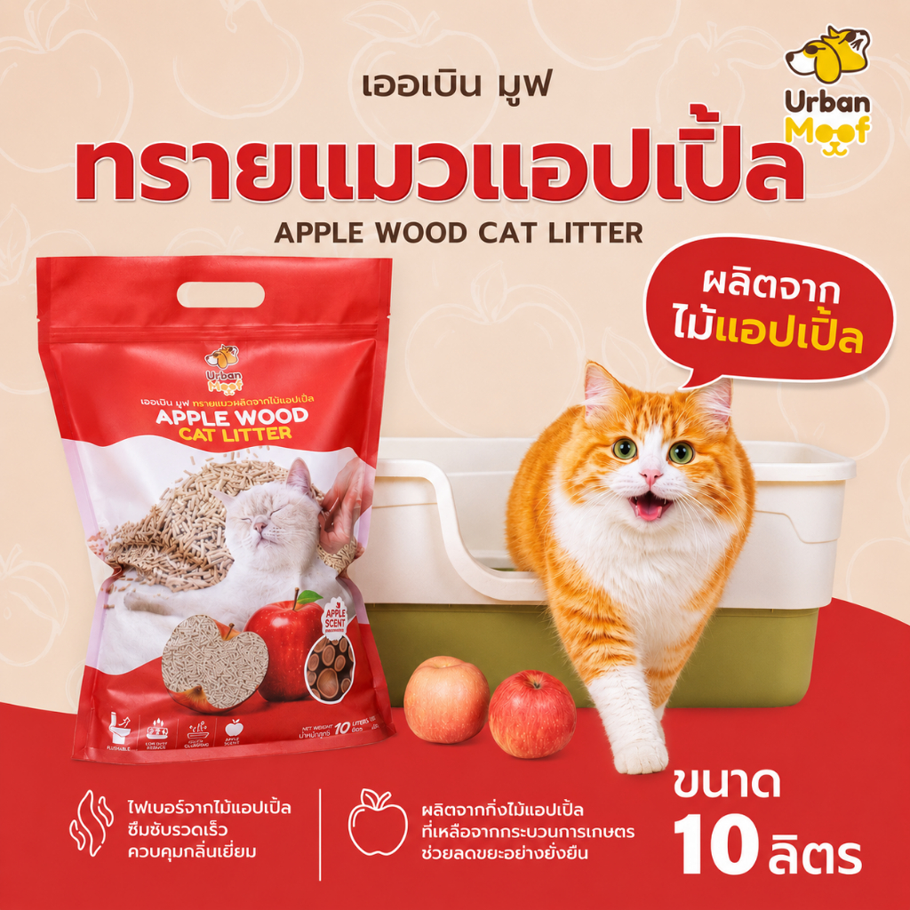 ทรายแมวจากไม้แอปเปิ้ล จับก้อนไว กลิ่นหอมธรรมชาติ ย่อยสลายได้ | Urban Moof