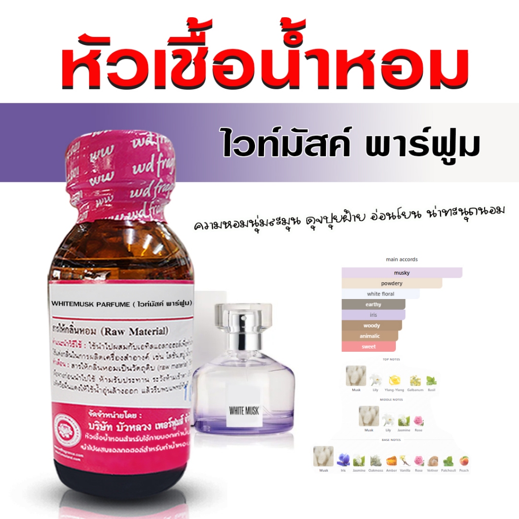 หัวเชื้อน้ำหอมแท้ 100% กลิ่น ไวท์มัสค์ พาร์ฟูม หัวน้ำหอม น้ำหอมผู้หญิง กลิ่นหอม สดชื่น อ่อนโยน น่ารัก น่ากอด