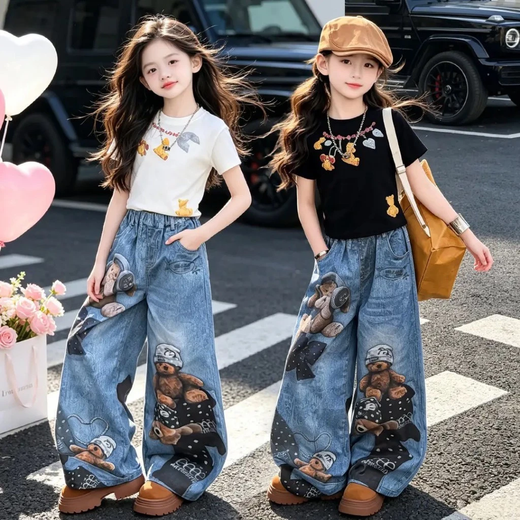 MC287 ชุดเด็กผู้หญิงแฟชั่น เสื้อยืดลายการ์ตูน + กางเกงยีนส์ลายหมี