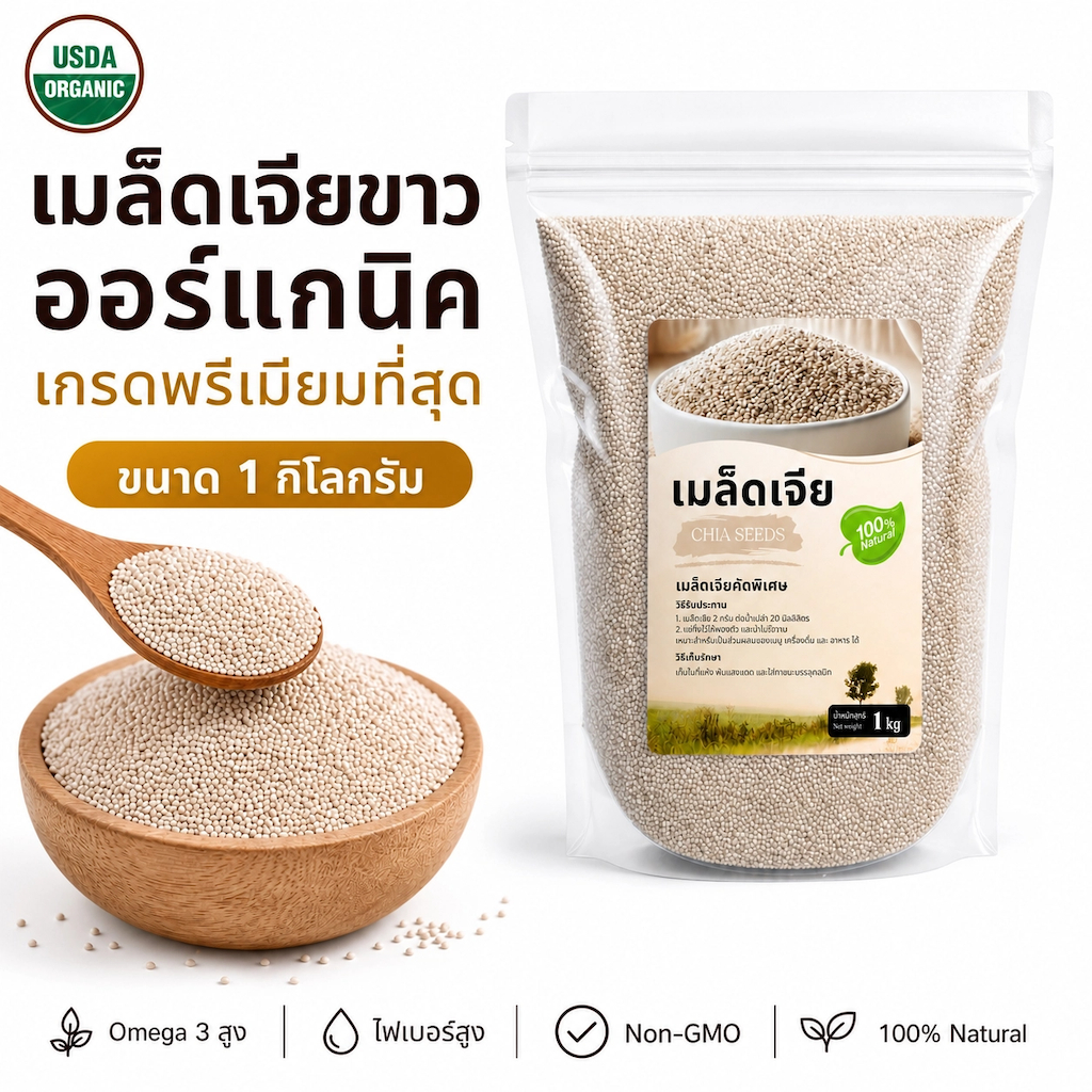 เมล็ดเจียขาว ออร์แกนิค 1 กิโลกรัม | เกรดพรีเมียม คัดพิเศษ | อิ่มนาน โอเมก้า 3 ไฟเบอร์สูง | White Chia Seed