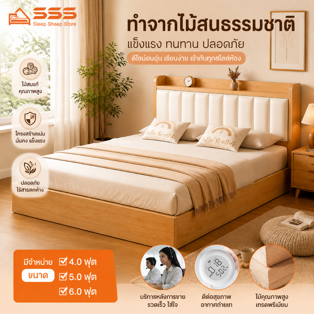 SSSเตียงนอน เตียง 4/5/6ฟุต เตียงไม้ มินิมอล หัวเตียงนุ่มมีที่วางของ แข็งแรง  ทนทานเรียบง่าย พร้อมส่ง