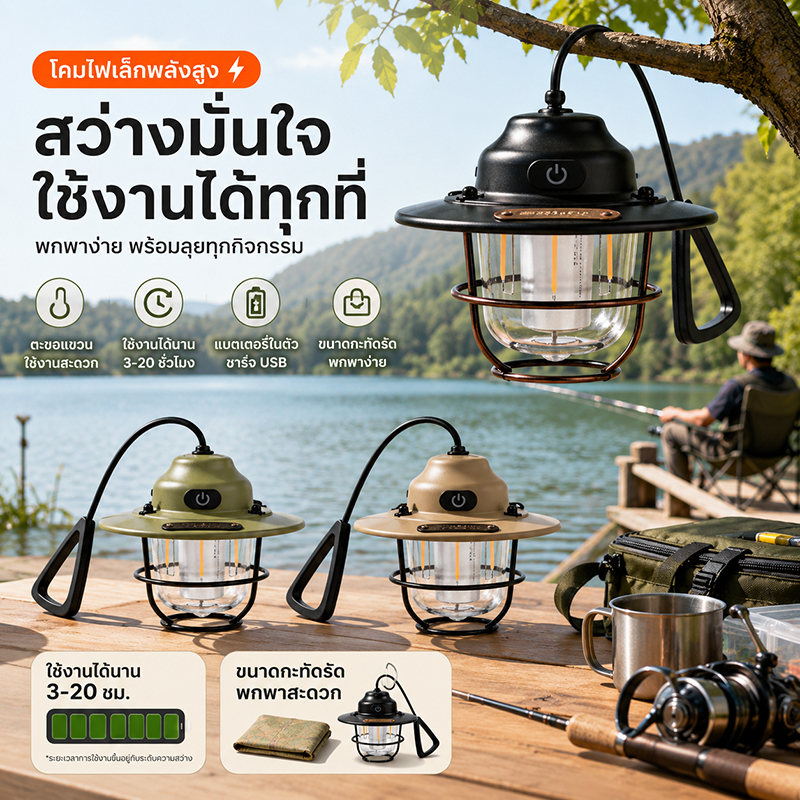 โคมไฟแคมป์ปิ้ง วินเทจ Type-C 1200mAh ไฟแขวนเต็นท์ 3 โหมดแสง โคมไฟแขวน พกพาได้ มีตะขอ สำหรับเดินป่า ตกปลา ไฟฉุกเฉิน