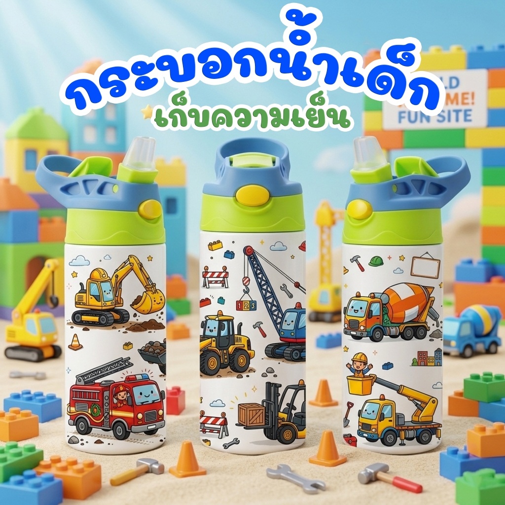 แก้วน้ำเด็ก เก็บความเย็น ขนาด 360 ml. สแตนเลส304 ลายรถก่อสร้าง แก้วน้ำรถแม็คโคร ขวดน้ำเด็กไปโรงเรียน