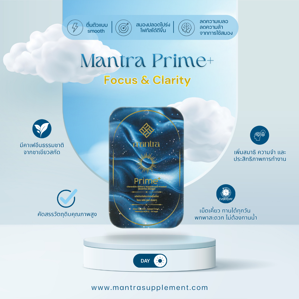 Mantra Prime+ เม็ดเคี้ยว Green Tea Extract + L-Theanine + Galangal พร้อม Iron & Vitamin B 0% Sugar 10 เม็ด