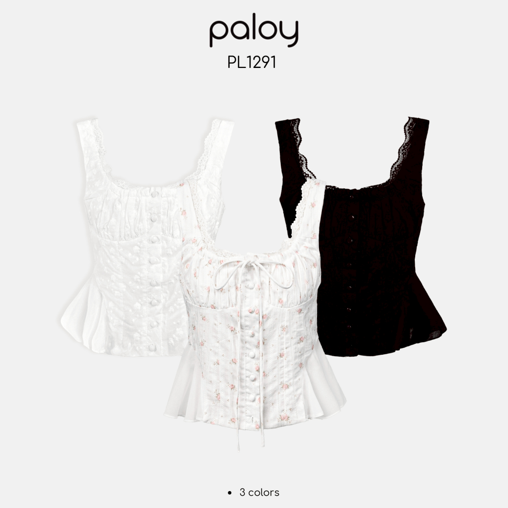 Paloy - PL1291 เสื้อแฟชั่นขอบลูกไม้ฉลุปักดอกไม้ กระดุมหน้า