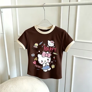 เสื้อผู้หญิงคอกลมสไตล์เกาหลี ลายเฮลโลคิตตี้สุดน่ารัก มีไซส์ M-3XL หวานและน่ารัก จัดส่งรวดเร็ว