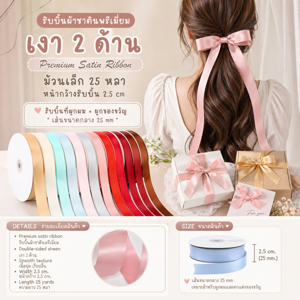 1 ม้วน【25หลา】* ริบบิ้นผ้าซาตินขนาด 2.5 CM. สีเรียบเงา 2 ด้าน รุ่น CLASSIC ผูกของขวัญวันเกิด ผูกผม ตกแต่งต่างๆ DIY