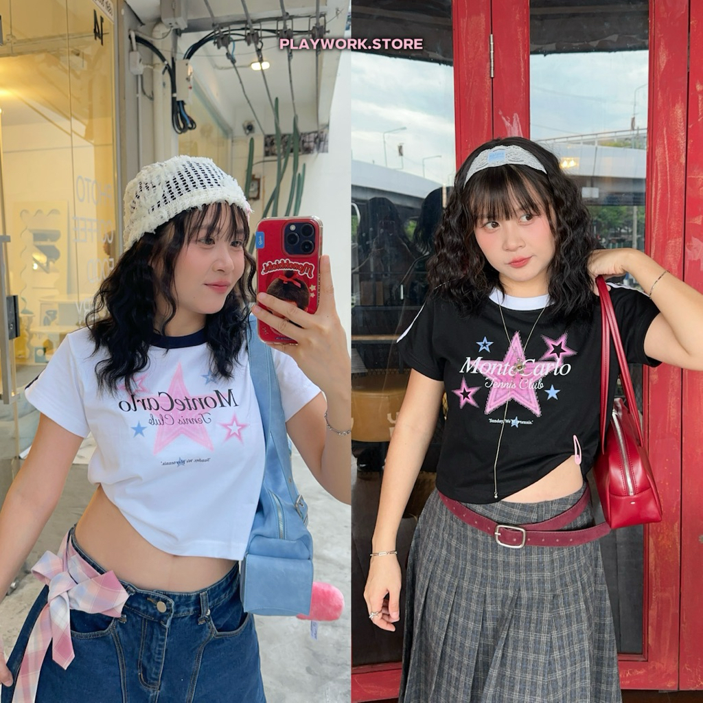 playwork.store เสื้อ babytee สกรีนลายดาว รุ่น starlight แต่งแถบแขน (102-ลายดาว)