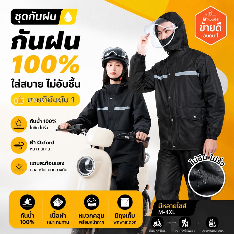 ⚡ ชุดกันฝนกันน้ำ เสื้อกันฝนผู้ใหญ่ รุ่นพรีเมียม ผ้าหนาเหนียว พร้อมหมวกและแถบสะท้อนแสง พกพาง่าย ใส่สบาย raincoat