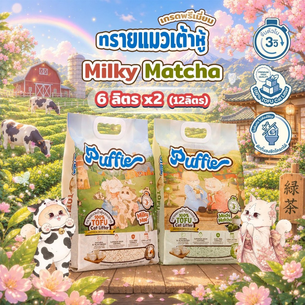 แพ็คคู่ Milky Matcha Puffie 6 ลิตร x2 (12ลิตร) ทรายแมวเต้าหู้ Tofu Cat Litter จากธรรมชาติ เกรดพรีเมียม