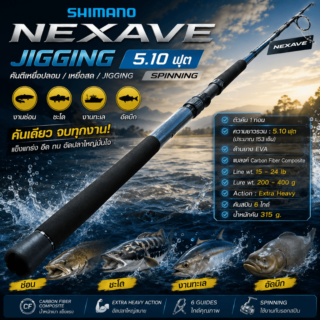 [ ของแท้ ]  คันตีเหยื่อปลอม เหยื่อสด JIGGING SHIMANO NEXAVE 5.10 ฟุต เหมาะกับงานช่อน ชะโด งานทะเล อัดบึก Spinning