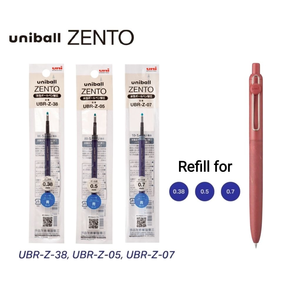 Uni ไส้ปากกา Uniball Zento รุ่น UBR-Z ขนาด 0.38, 0.5, 0.7 มม. หมึกน้ำเงิน (ราคา 1 ชิ้น)